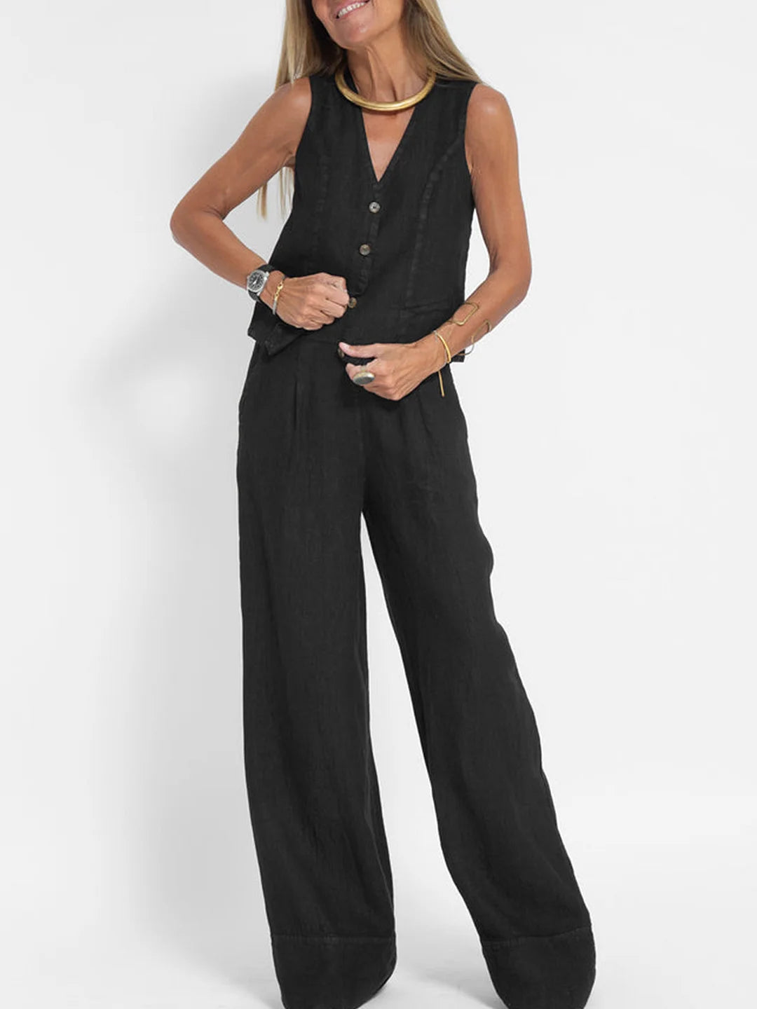 Aira - Ensemble Gilet mit Knöpfen &amp; Weite Hose