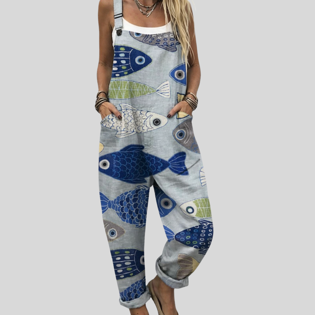 Latzhose mit Fisch-Motiv Blau