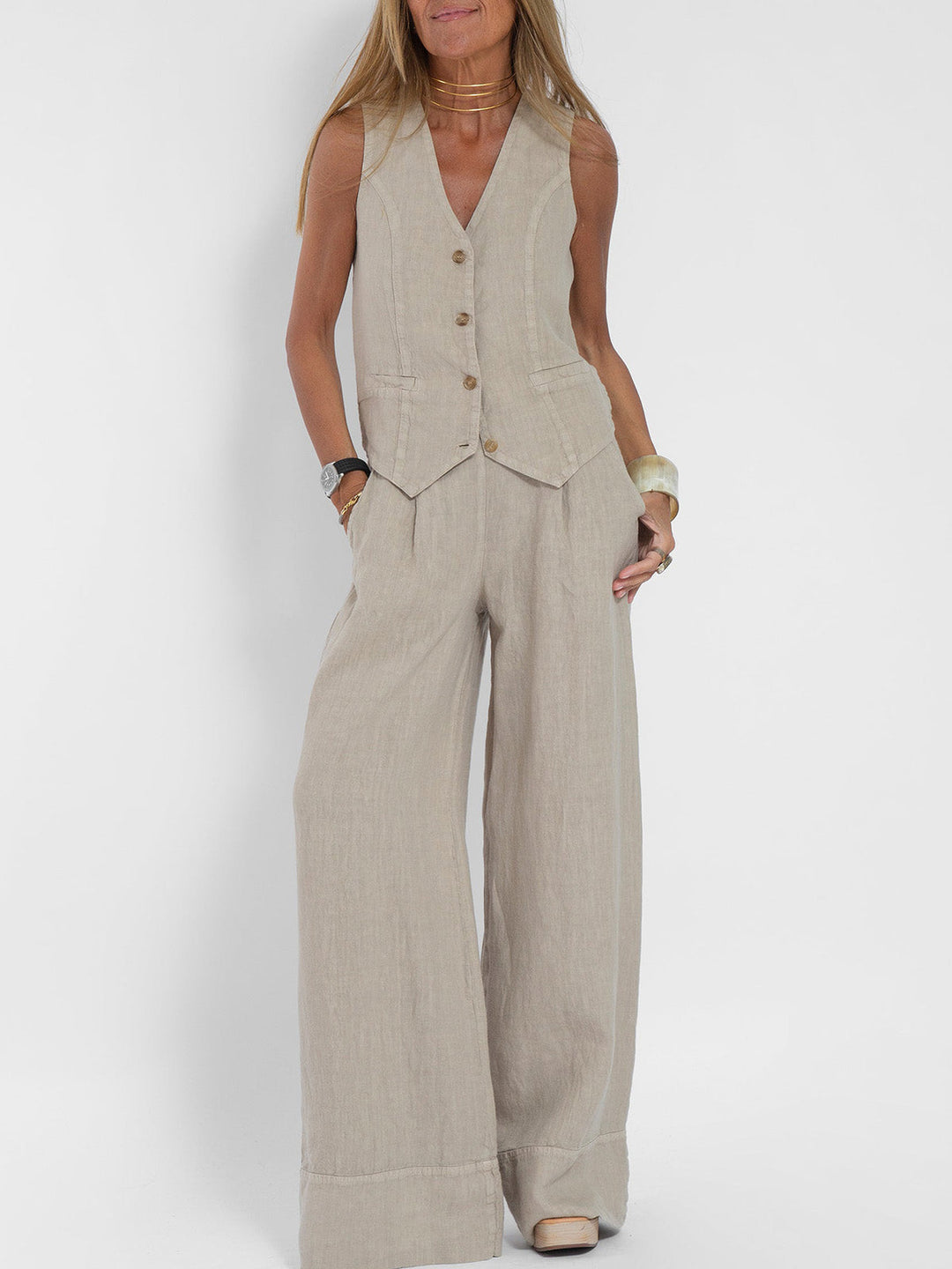Aira - Ensemble Gilet mit Knöpfen &amp; Weite Hose